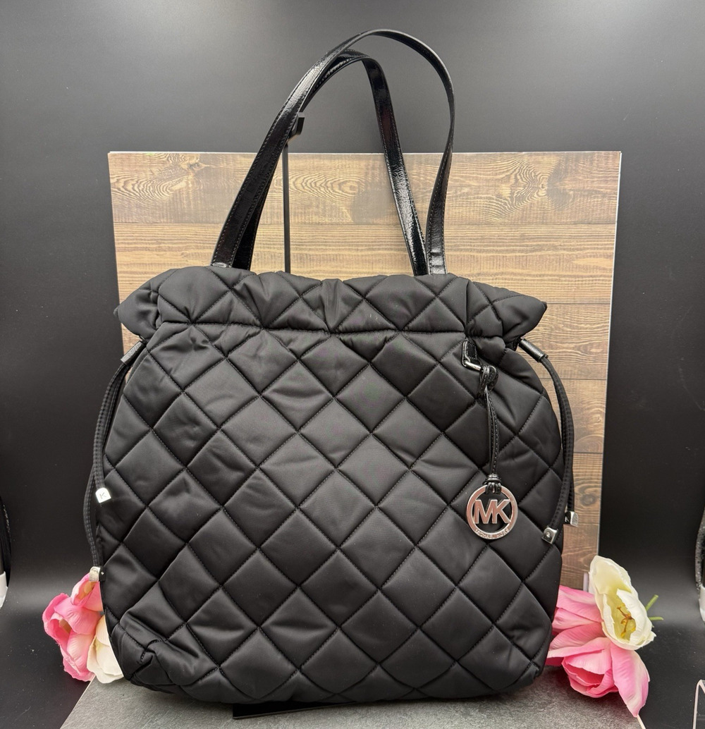 Michael Kors Black Quilted Nylon Patent Leather Trim Drawstring Tote Purse